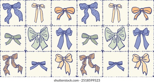 Seamless Christmas patterns with various cartoon bow knots, gift ribbons in squares. Trendy hair braiding accessory. Hand drawn vector illustration. Holiday background, wrapping paper.