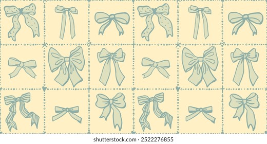 Seamless Christmas patterns with various cartoon bow knots, gift ribbons in squares. Trendy hair braiding accessory. Hand drawn vector illustration. Holiday background, wrapping paper.