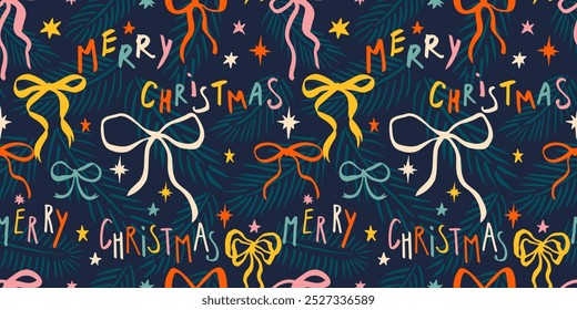 Seamless Christmas patterns with various cartoon bow knots, gift ribbons and stars. Trendy xmas design. Hand drawn vector illustration. Holiday background, wrapping paper.