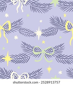 Patrones de Navidades sin fisuras con varios nudos de arco de dibujos animados y estrellas. Diseño de moda de la Navidad. Ilustración vectorial dibujada a mano. Fondo de Festiva, papel de regalo.