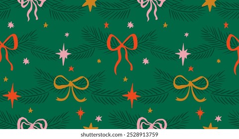 Seamless Christmas patterns with various cartoon bow knots and stars. Trendy xmas design. Hand drawn vector illustration. Holiday background, wrapping paper.