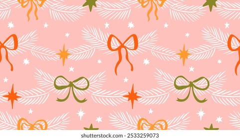 Seamless Christmas patterns with various cartoon bow knots and stars. Trendy xmas design. Hand drawn vector illustration. Holiday background, wrapping paper.