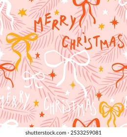 Seamless Christmas patterns with various cartoon bow knots, gift ribbons and stars. Trendy xmas design. Hand drawn vector illustration. Holiday background, wrapping paper.