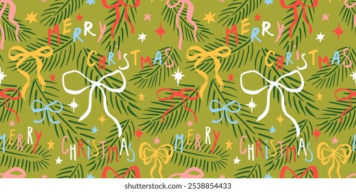 Seamless Christmas patterns with various cartoon bow knots, gift ribbons and stars. Trendy xmas design. Hand drawn vector illustration. Holiday background, wrapping paper.