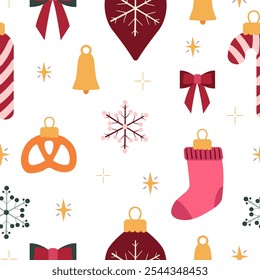 Seamless Christmas patterns with various cartoon toys, pretzel, candy cane, bow.Trendy xmas design on white background. Hand drawn vector illustration. Holiday background, wrapping paper.Vector