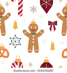 Nahtlose Weihnachtsmuster mit verschiedenen Zeichentrickspielzeugen, Lebkuchenmann, Zuckerrohr, Schleife. Trendy Weihnachts-Design. Handgezeichnete Vektorgrafik. Feiertagshintergrund, Umhüllungspapier.Vektorgrafik 