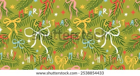 Seamless Christmas patterns with various cartoon bow knots, gift ribbons and stars. Trendy xmas design. Hand drawn vector illustration. Holiday background, wrapping paper.