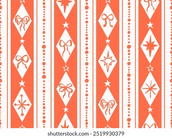 Seamless Christmas patterns with various doodle bows and stars in diamond rhombus shapes. Trendy vertical stripe background. Hand drawn vector illustration. Holiday wrapping paper, social media banner