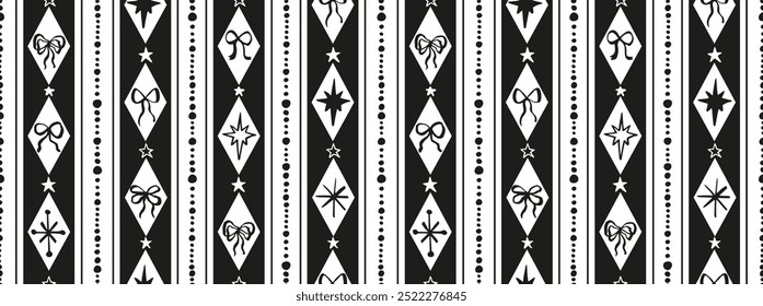 Seamless Christmas patterns with various doodle bows and stars in diamond rhombus shapes. Trendy vertical stripe background. Hand drawn vector illustration. Holiday wrapping paper, social media banner
