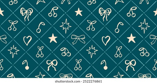 Seamless Christmas patterns with various doodle bows, stars, cherry in diamond rhombus shapes. Hand drawn vector illustration. Holiday wrapping paper, social media banner, vintage wallpaper.