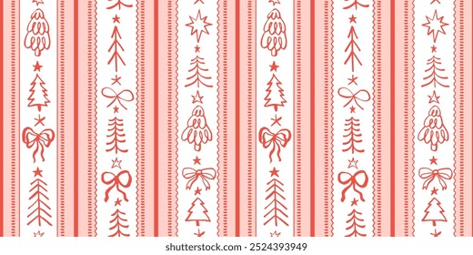 Seamless Christmas patterns with various doodle bows, pine trees and stars. Trendy vertical stripe background. Hand drawn vector illustration. Holiday wrapping paper, social media banner