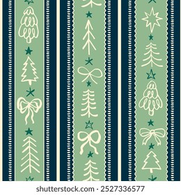 Seamless Christmas patterns with various doodle bows, pine trees and stars. Trendy vertical stripe background. Hand drawn vector illustration. Holiday wrapping paper, social media banner