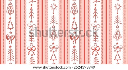 Seamless Christmas patterns with various doodle bows, pine trees and stars. Trendy vertical stripe background. Hand drawn vector illustration. Holiday wrapping paper, social media banner