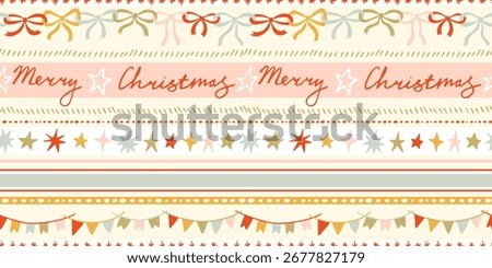 Seamless Christmas patterns with various doodle bows, flags garland and stars. Trendy stripe background. Hand drawn vector illustration. Holiday wrapping paper, social media banner, invitation.