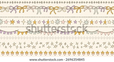 Seamless Christmas patterns with various doodle bows, flags garland and stars.Trendy stripe background on pink. Hand drawn vector illustration. Holiday wrapping paper, social media banner, invitation.