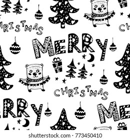 Seamless Christmas patterns-various Christmas trees,lettering, gifts,balls .Vector design for the winter holidays