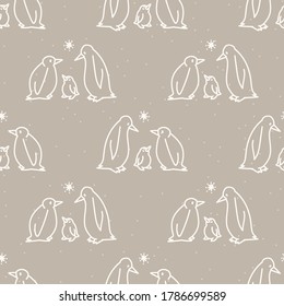 Seamless christmas penguin family holiday background. Simple snow monochrome festive pattern texture. Scandi christmas motif background. Stylish modern seasonal gift wrapping paper.