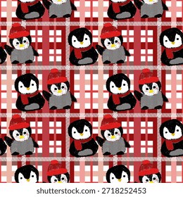 Seamless Christmas penguin pattern, gift wrap paper texture, festive holiday design.