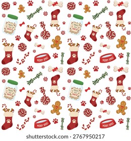 Seamless Christmas pet pattern with dog toys gingerbread man stockings and treats from santa on a transparent background