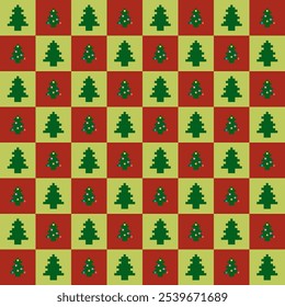 Seamless Christmas Pixel Art Pattern with Green Christmas Trees on Red and Yellow Checkered Background - Perfect for Nordic and Scandinavian Winter Holiday Wrapping Paper, Sweaters, Fabric, Home Decor