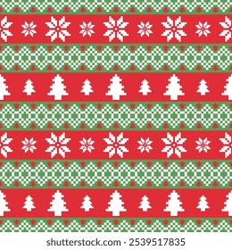 Seamless Christmas Pixel Pattern with Snowflake and Christmas tree.Design Ideal for Holiday Wrapping Paper, Sweaters, Fabric, Home Decor, Crafts, and Digital Projects with a Cozy Retro Style.