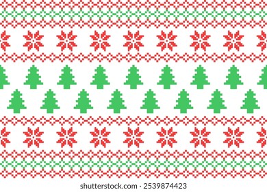Seamless Christmas Pixel Pattern with Snowflake and Christmas tree.Design Ideal for Holiday Wrapping Paper, Sweaters, Fabric, Home Decor, Crafts, and Digital Projects with a Cozy Retro Style.