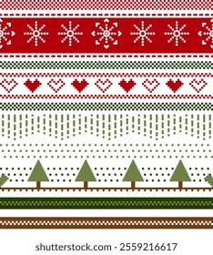 A seamless Christmas pixel pattern with snowflakes, hearts, pine trees, and geometric designs, evoking a cozy and traditional holiday feel.