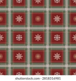 Seamless Christmas Plaid Pattern with Snowflakes in green and Red colors. Ideal for winter holiday apparel, Christmas wrapping paper, seasonal home decor, textile prints, and wallpaper