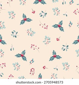 
Padrão de planta de Natal sem costura. Desenhos de plantas de inverno. Desenhado à mão. Ilustração vetorial.