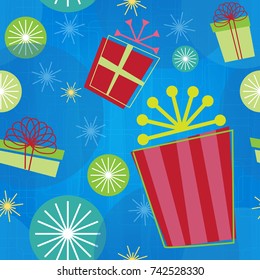 Seamless Christmas present boxes and retro stars pattern