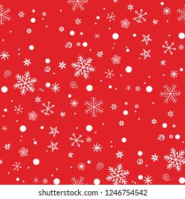 Seamless Christmas red background with snowflakes. Freehand drawing. You can repaint in any color. Vector. For printing packaging, textile, background for websites, etc.