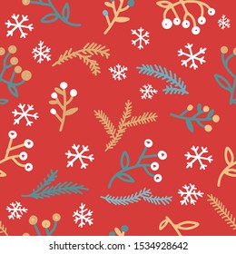 Seamless christmas red background with snowflakes, fir tree sprigs and red berries. Winter seamless pattern for happy new year and merry christmas vector illustrations