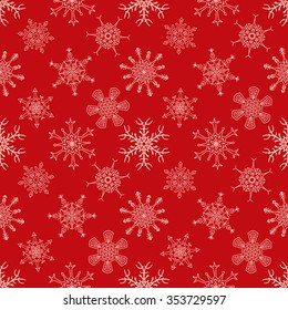 Seamless Christmas red pattern with random drawn snowflakes