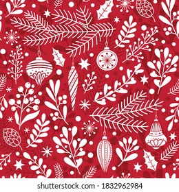 Seamless Christmas red and white pattern with hand drawn decoration elements. Perfect for backgrounds, wrapping paper, scrapbooking, decor for  greeting cards, invitations, etc.