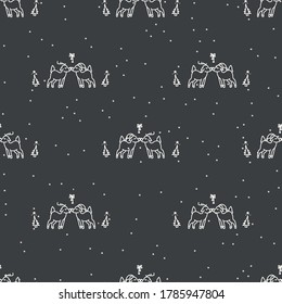 Seamless christmas reindeer couple holiday background. Lace effect xmas monochrome pattern texture. Scandi festive christmas motif background. Stylish modern seasonal gift wrapping paper.