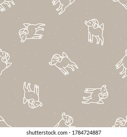 Seamless christmas reindeer with hat holiday background. Lace effect xmas monochrome pattern texture. Scandi festive christmas motif background. Stylish modern seasonal gift wrapping paper.