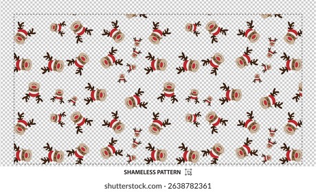 Seamless Christmas reindeer pattern with cute holiday cartoon animals on transparent background