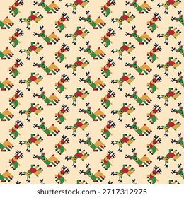 Seamless Christmas Reindeer Pattern (Flat Geometric Style) with Light Beige Background, Holiday Decor, Wrapping Paper and Wallpaper Design