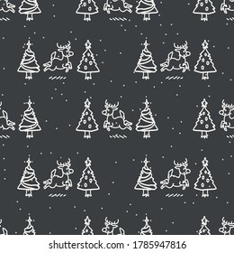 Seamless christmas reindeer and tree holiday background. Fir sprig spruce monochrome pattern texture. Scandi festive christmas motif background. Stylish modern seasonal gift wrapping paper.