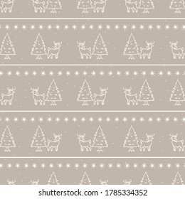 Seamless christmas reindeer with tree stripe holiday background. Fir sprig spruce monochrome pattern texture. Scandi festive christmas motif background. Stylish modern seasonal gift wrapping paper.