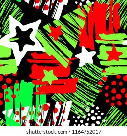 Seamless Christmas repeating  hand craft expressive ink pattern.  Funky style painted texture, poster with different doodles for fabric, wrapping, decoration, greeting card.