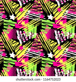 Seamless Christmas repeating  hand craft expressive ink pattern.  Funky style painted texture, poster with different doodles for fabric, wrapping, decoration, greeting card.