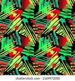 Seamless Christmas repeating  hand craft expressive ink pattern.  Funky style painted texture, poster with different doodles for fabric, wrapping, decoration, greeting card
