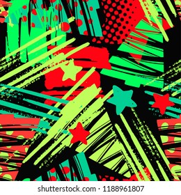 Seamless Christmas repeating  hand craft expressive ink pattern.  Funky style painted texture, poster with different doodles for fabric, wrapping, decoration, greeting card,  textiles or t-shirt 