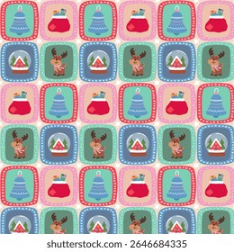 Seamless Christmas retro background in patchwork style with deer, bell, snow globe and Santa's sack icons. Vector.