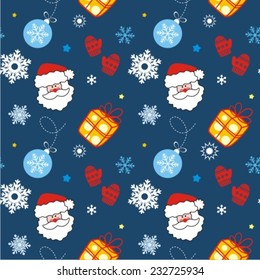 Seamless christmas retro pattern with santa head, gifts and snowflakes 
