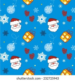 Seamless christmas retro pattern with santa head, gifts and snowflakes 