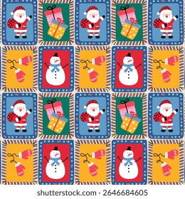 Patrón retro de Navidades sin costuras con Santa, muñeco de nieve, regalo y manopla. Diseño festivo de vacaciones de invierno para tela, papel de embalaje.