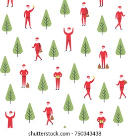 Seamless christmas santa pattern. Santa claus with tree and gifts. New Year wrapping paper vector template.