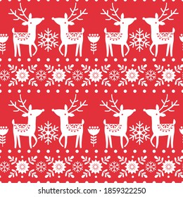 Seamless Christmas scandinavian  pattern with white snowflakes, deer, flowers on red background. Vector illustration. 